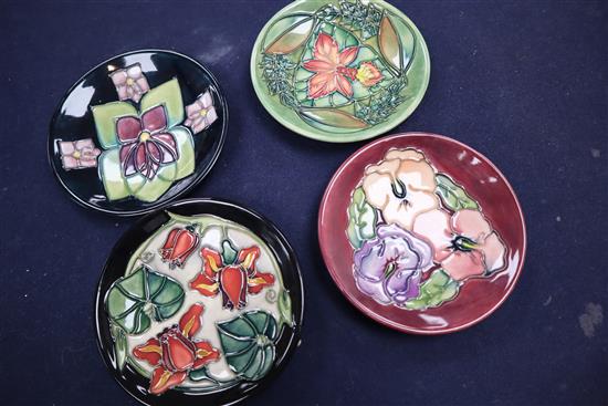 Three Moorcroft dishes, a pansy vase and a violet vase and another tallest 14cm (7)